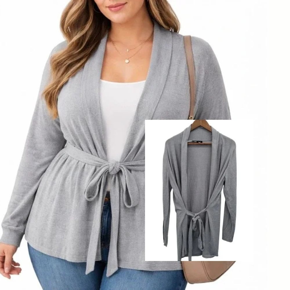 Eloquii Cardigan Sweater Tie Waist Open‎ Front Knit Gray Womens 14/16